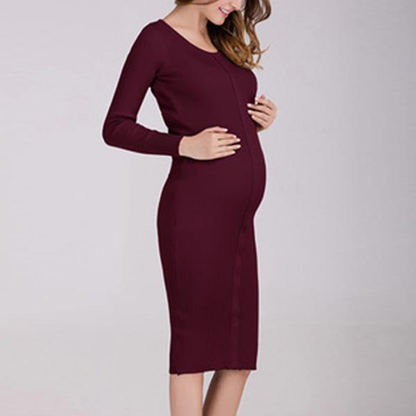 Round Neck Long Sleeve Mid-Length Knit Maternity Dress