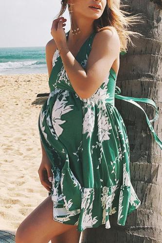 Maternity V-Neck Backless Beach Casual Print Dress