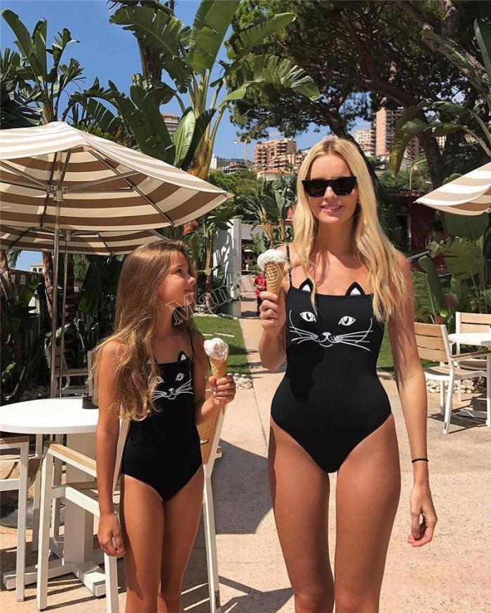Summer Mother Daughter Swimsuit Animal Cat Printed  Mommy And Me Play Suit Swimwear Bikini