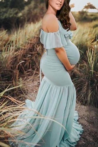 Maternity  Blue Off Shoulder Floor-Length Summer Dress