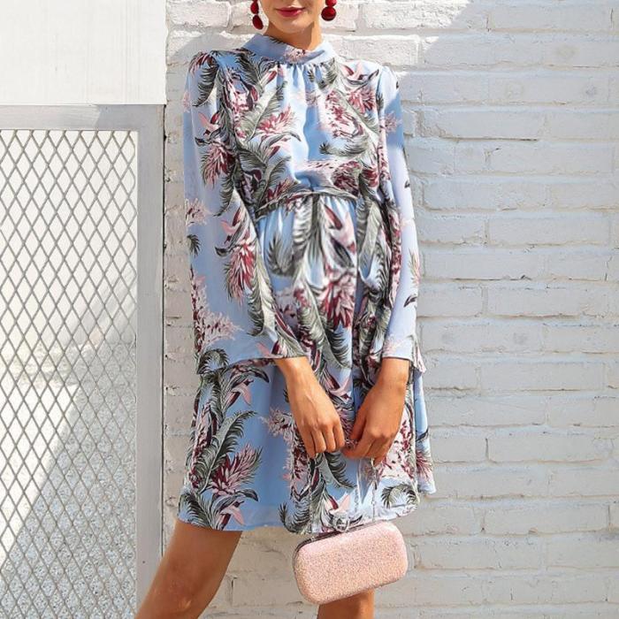 Maternity Stand Collar Long Sleeve Printed Above Dress