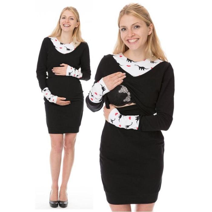 Autumn Maternity Nursing Dresses Long Sleeve Mothers Breastfeeding Dress