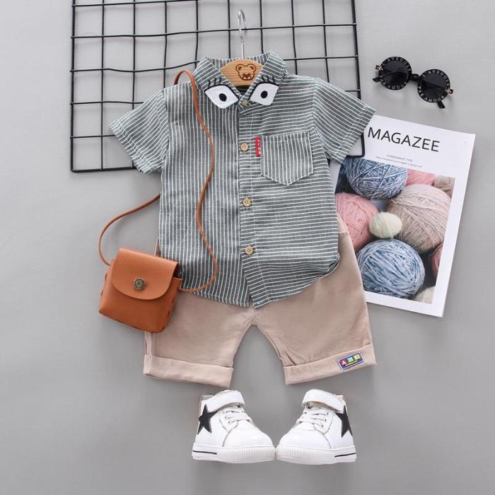 Baby summer new baby children striped lapel shirt short sleeve  two sets