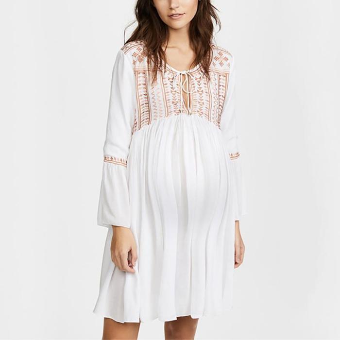 Maternity Fashion V Neck Bell Sleeve Inwrought Dress