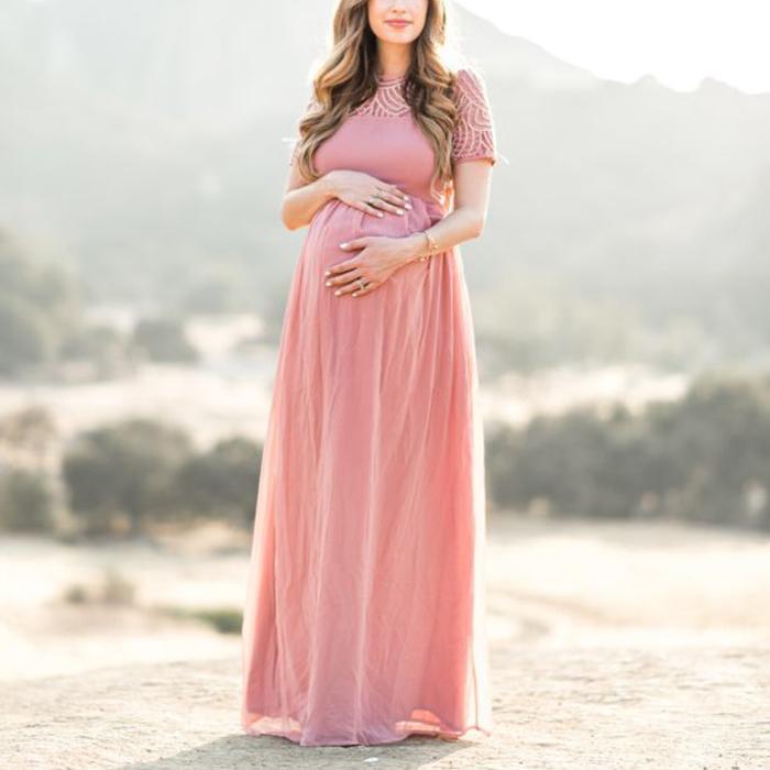 Maternity Pink Short Sleeve Lace Dress