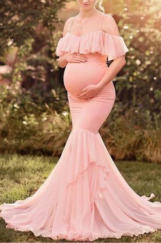Maternity Sweet Pure Colour Ruffled Slip Maxi Dress