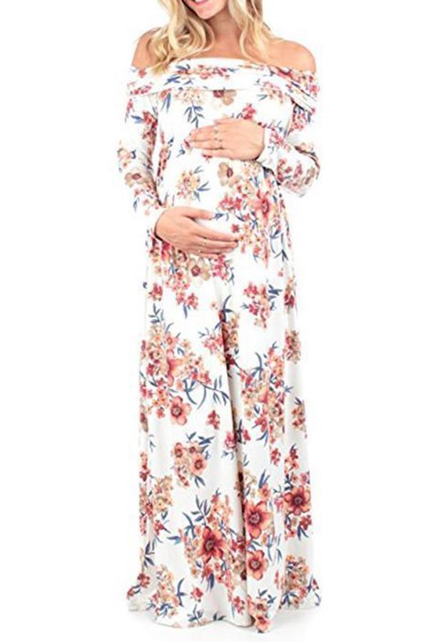 Maternity Off Shoulder Floral Print Full Length Dress