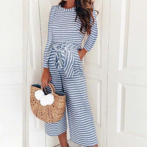 Maternity Round Neck Striped Long Sleeve Jumpsuit