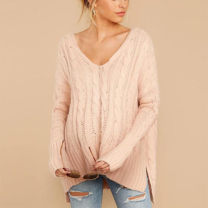 Maternity Casual Pure Color V Neck Long Sleeve Slit Sweater