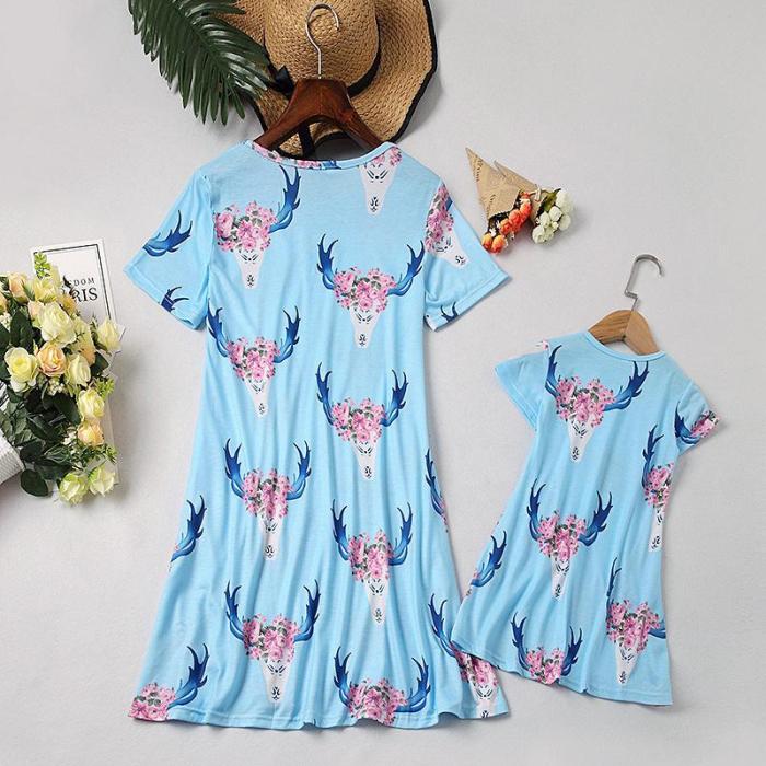 Mom Girl Short Sleeve Print Matching Dress