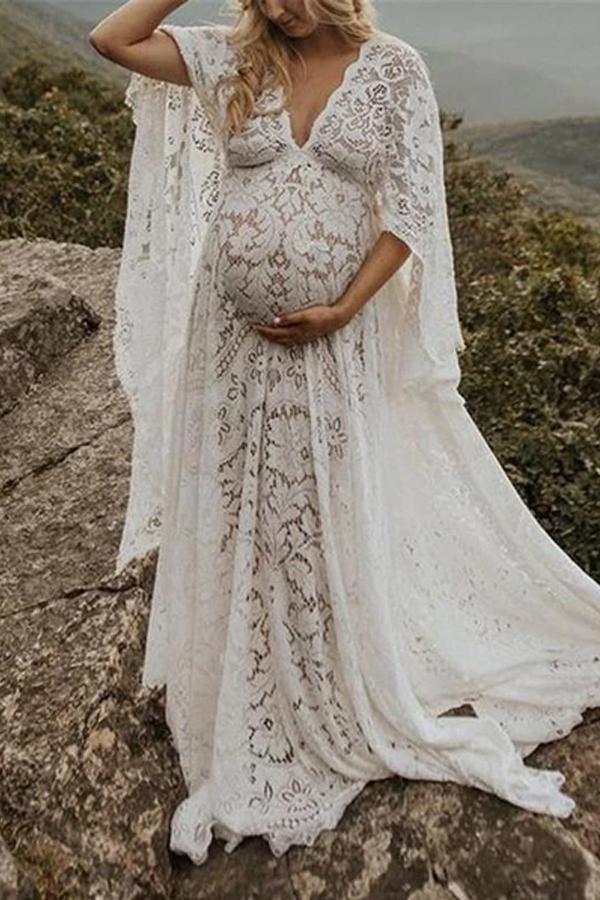 Maternity Fashion Loose Lace Long Sleeve Maxi Dress