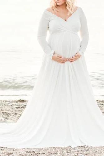 Solid color V-neck long-sleeved maternity dress