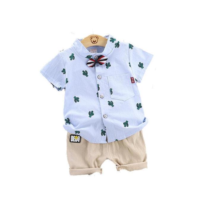 Children's clothing summer new boy cactus short sleeve bow shirt short pants