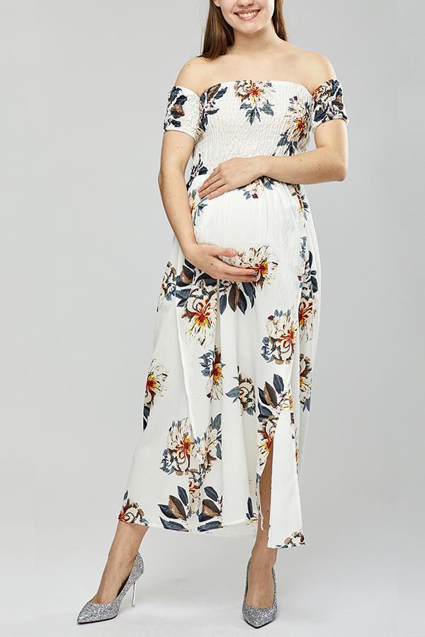 Maternity Off Shoulder  Asymmetric Hem  Floral Printed  Extra Short Sleeve Maxi Dresses