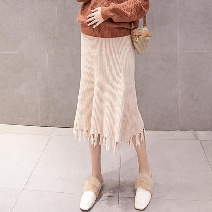 Maternity Solid Color Knit Fringe Skirt