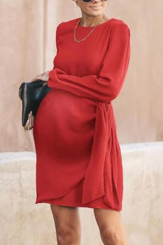Maternity Casual Round Neck Belted Dress