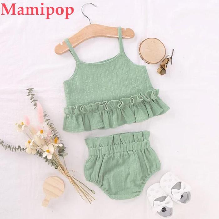 Cute Green Summer  Infant Girls Solid Sleeveless Ruffles Camisole Shorts Clothes
