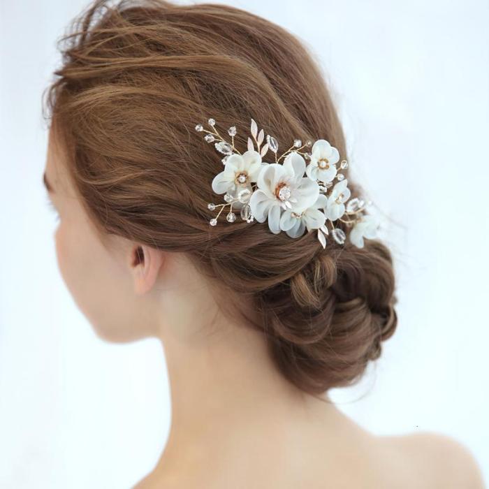 White Flower Bridal Hair Comb Gold Pearls Bridesmaids Jewelry