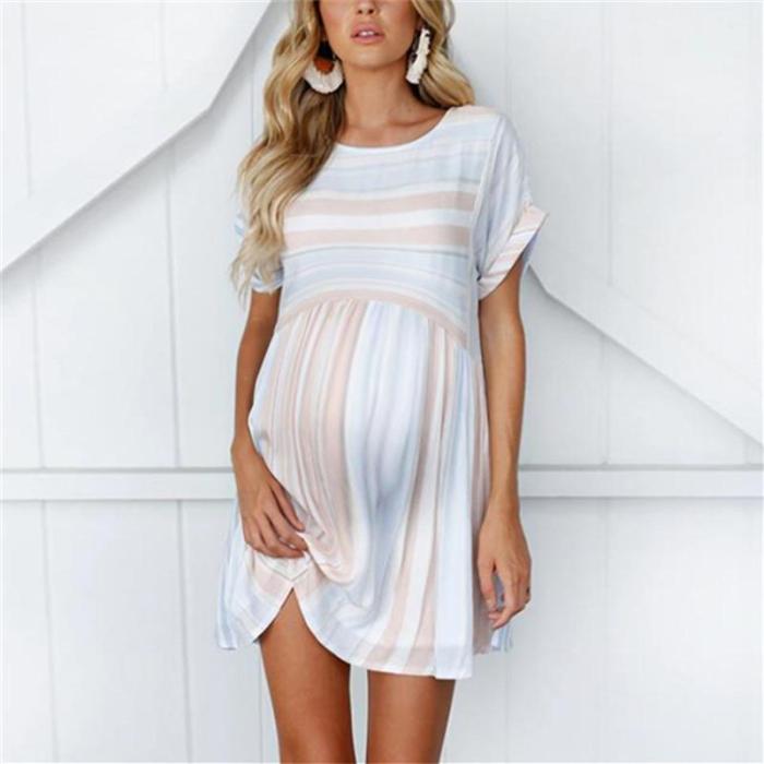 Maternity New Striped Short Sleeve Round Neck Dress