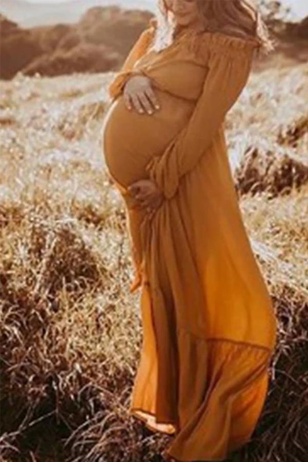 Maternity Ruffled Off Shoulder Pure Color Dress