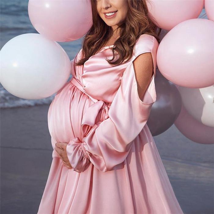 Maternity Casual Open Shoulder Long Sleeve Pure Color Dress