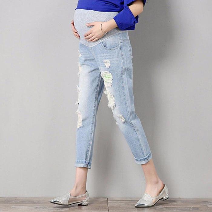 Maternity Comfortable Blue Cotton Denim Pants Pregnant Women Trousers