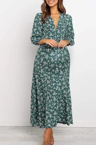 Maternity Casual Printed V-neck Long-sleeved High Waist Chiffon Dress