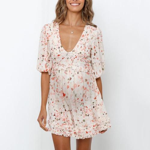 Maternity V-neck Sexy Fresh Lace Pleated Dress