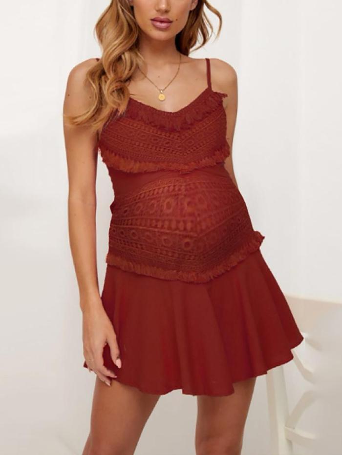 Maternity Lace Fringed Stitching Strapless Halter Dress