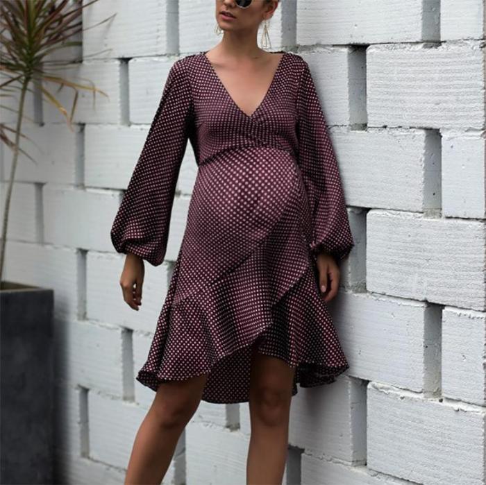 Maternity Fashion Bishop Sleeve Deep V Neck Ruffled Dress