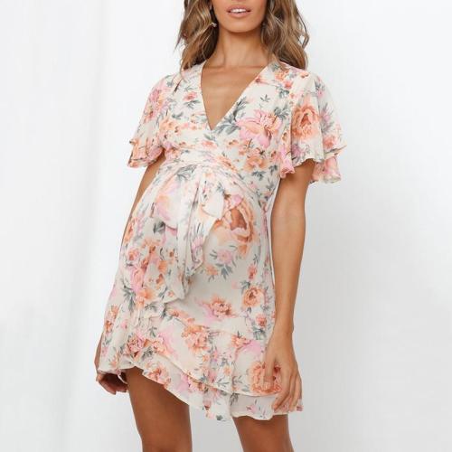 Maternity V-neck Sexy Ruffled Sleeve Dress