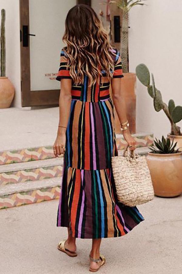 Maternity Short Sleeved Rainbow Striped Print Dress