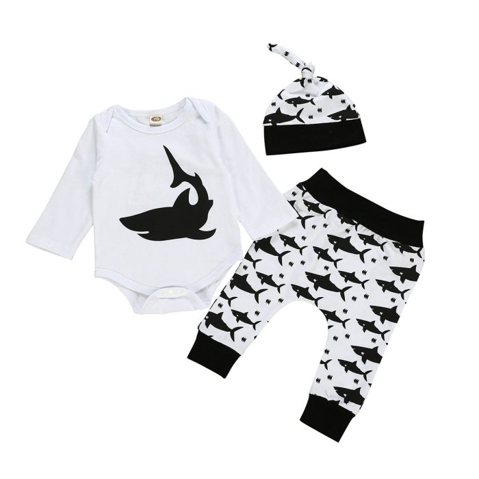 children's clothing hot shark print khaon and printed trousers three-piece set of spot