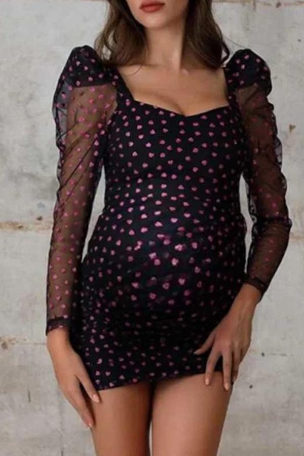 Maternity Fashion Square Collar Heart Print Long Sleeve Sheer Slim Dress