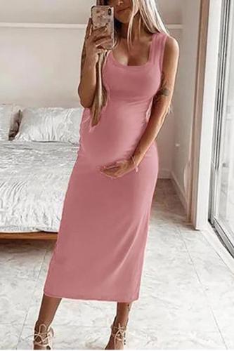 Maternity Casual Round Neck Sleeveless Pure Colour Dress