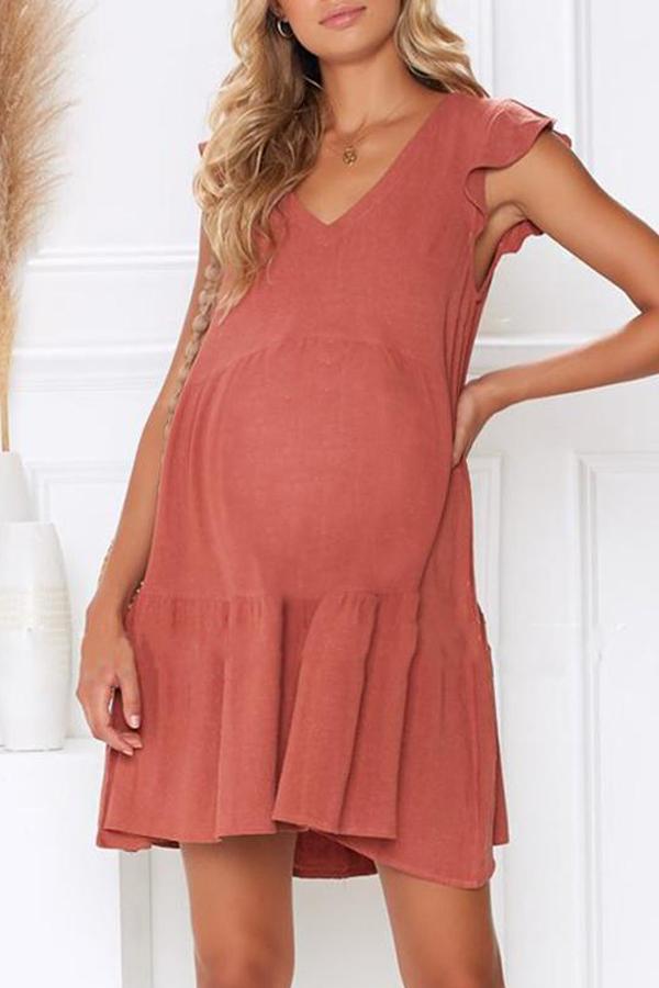 Maternity Plain V-Neck Loose Casual Falbala  Dress