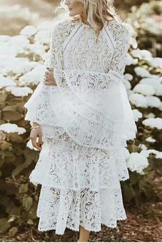 Maternity Lace Pure Color Bell Sleeve Layered Dress