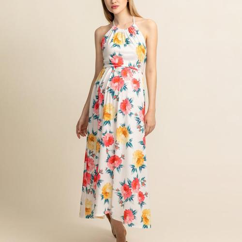 Maternity Sexy Belted Printed Ankle-Length Dress