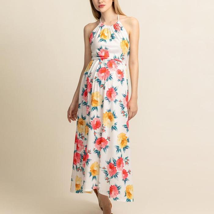 Maternity Sexy Belted Printed Ankle-Length Dress