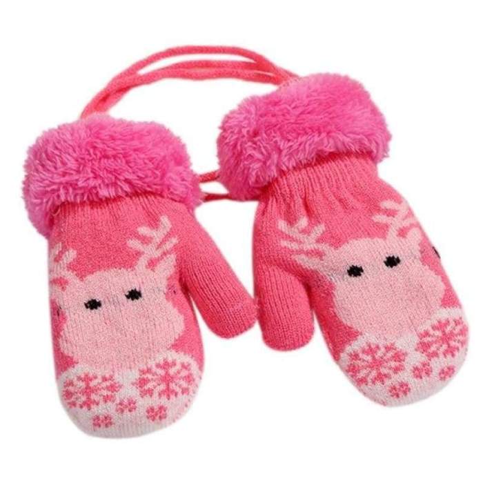 Children Winter Double Layer Gloves Cute Reindeer Printed Cuffed Wrist