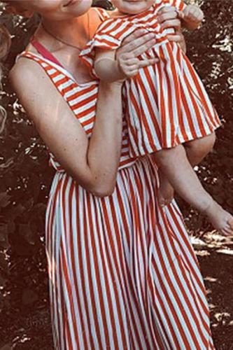 Mom Girl Sleeveless Striped Matching Dress