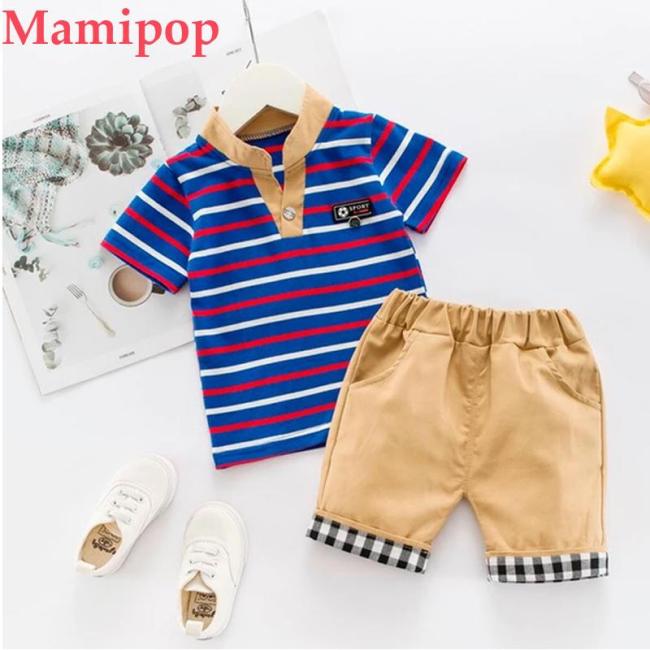 Summer Boy Gentleman Stripe Short Sleeve Tops T-Shirt Plaid Shorts