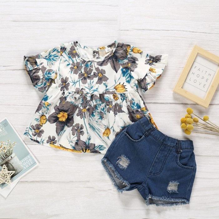 Baby Girl SummerT-shirt Tops+Shorts Pants Children Kids Flower Sunsuit