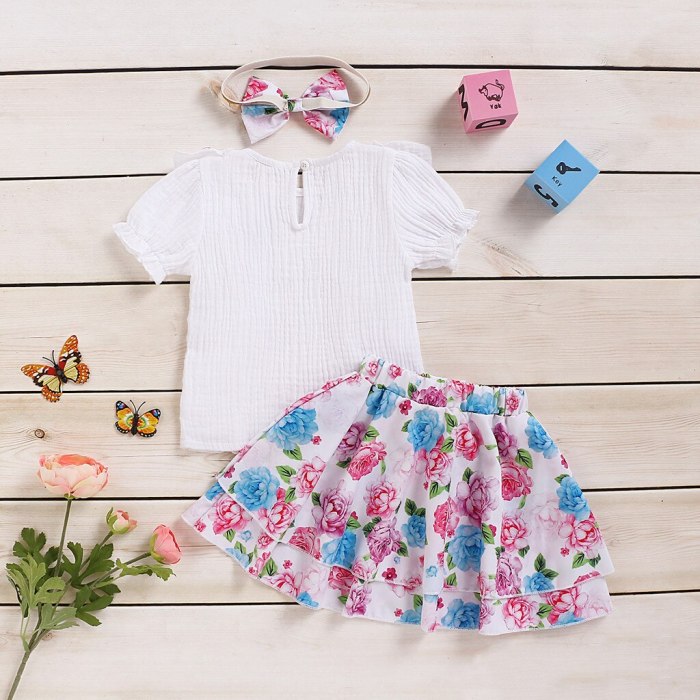 3Pcs Summer Children Clothes  Infant Short Sleeve T-shirt Ruffles Tops Skirt Outfits