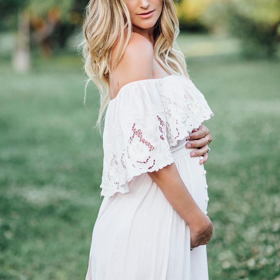 white lace off shoulder maternity dress