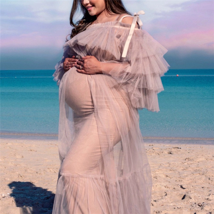 Maternity Pregnant Women Mesh Pure Color Dress Long Skirt