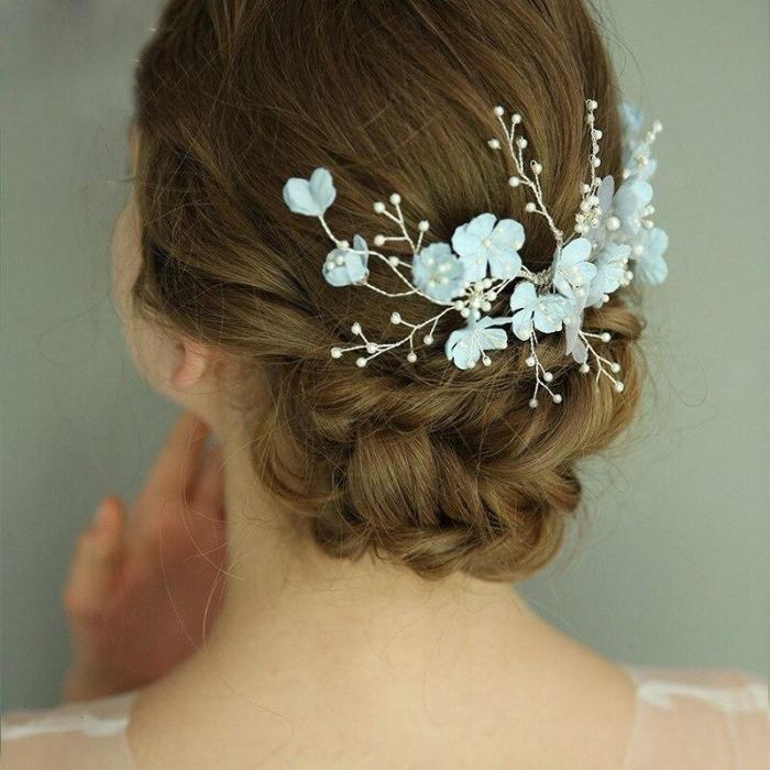 Trendy Blue Flower Wedding Hair Jewelry Pearl Women Hair Ornaments