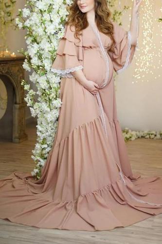 Maternity Casual V-neck Lace-paneled Chiffon Ruffled Dress