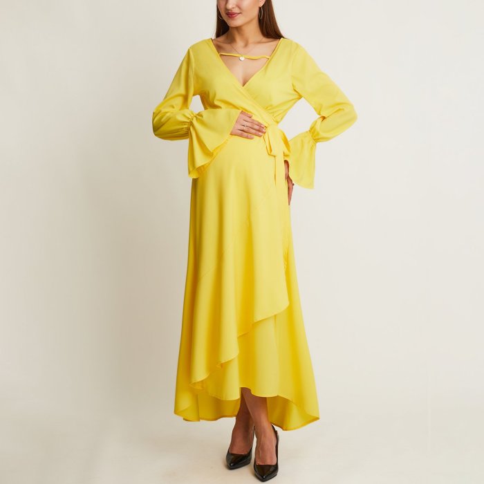 Maternity A Waist V Collar Yellow Irregular Swagger Dress