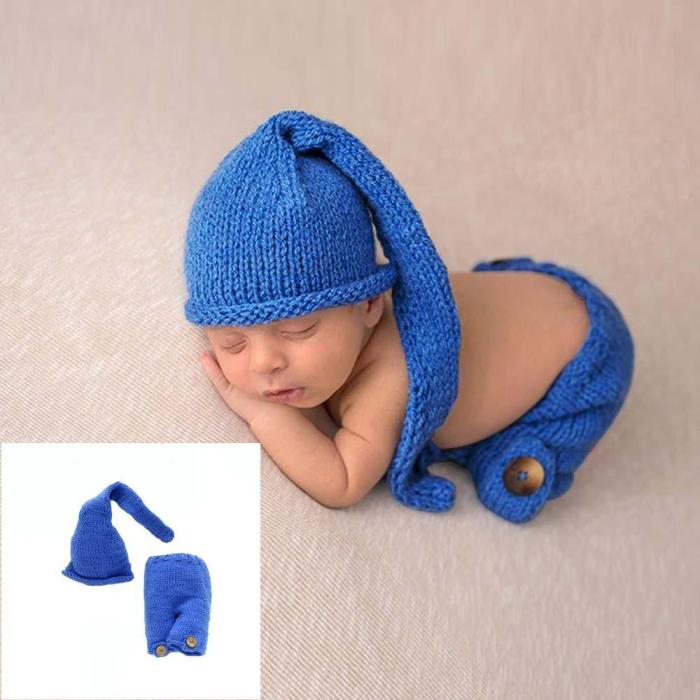 Dark blue handmade sweater baby set new photo propnewborn long tail hat cute baby clothes